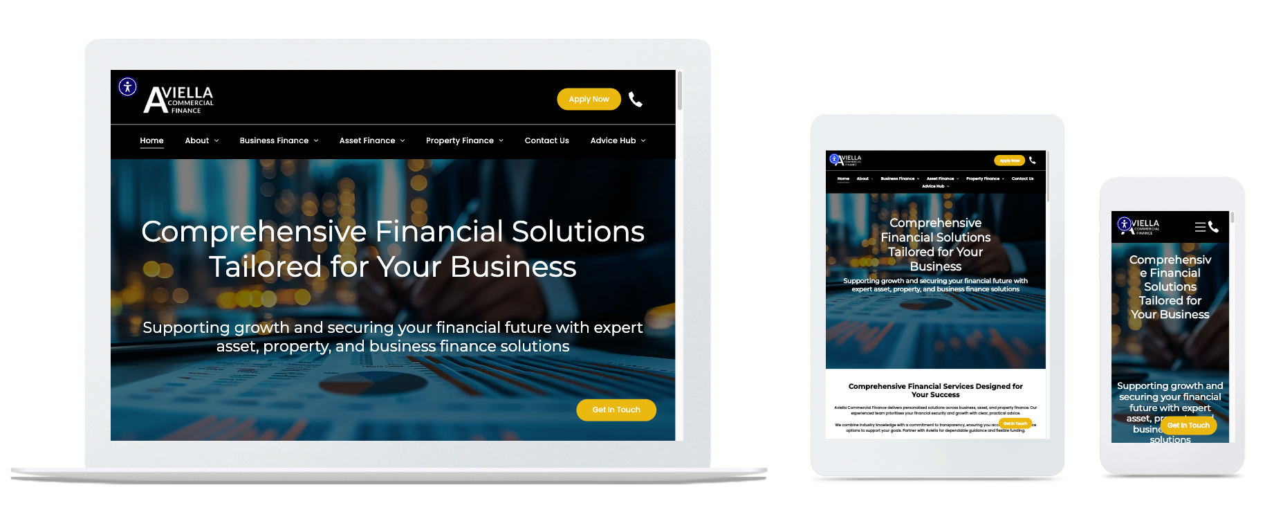 Website design displayed on a laptop, tablet, and smartphone screens. Text: