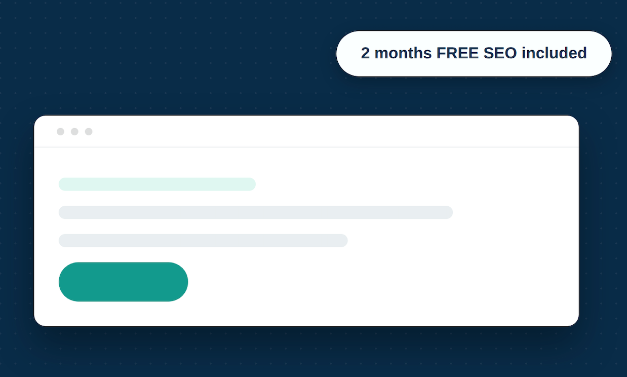 Website banner with a white card, teal button, and label reading “3 months SEO included”