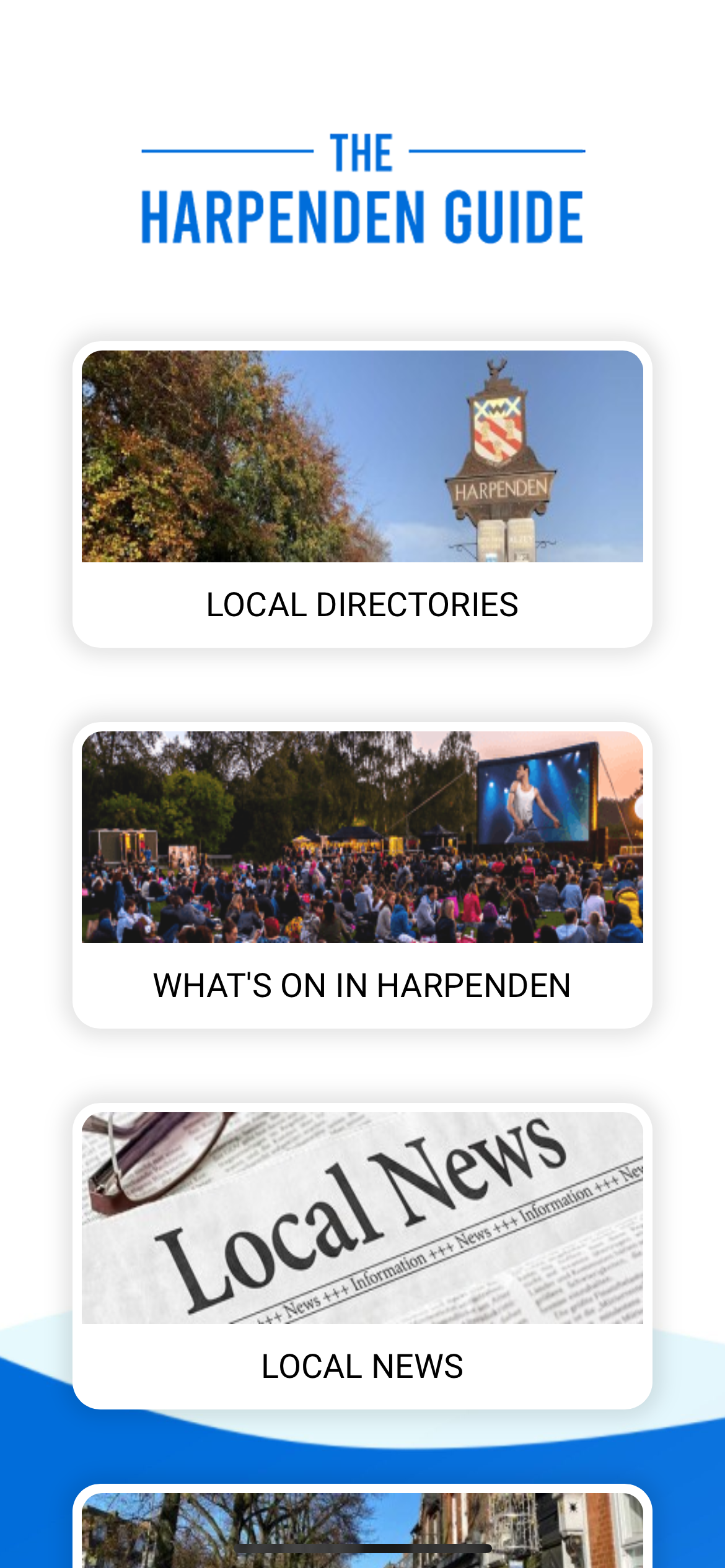 Mobile app showcasing local Harpenden guide with sections on landmarks, events, and news.