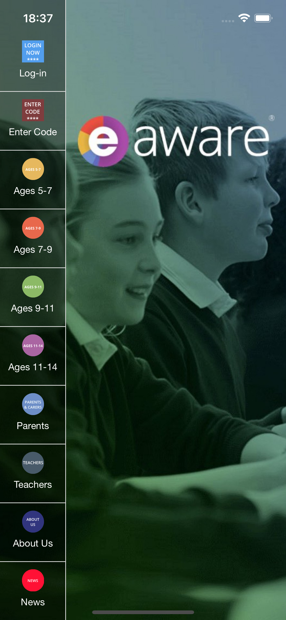 A mobile app interface with a sidebar menu and a background photo of students. The app logo is 