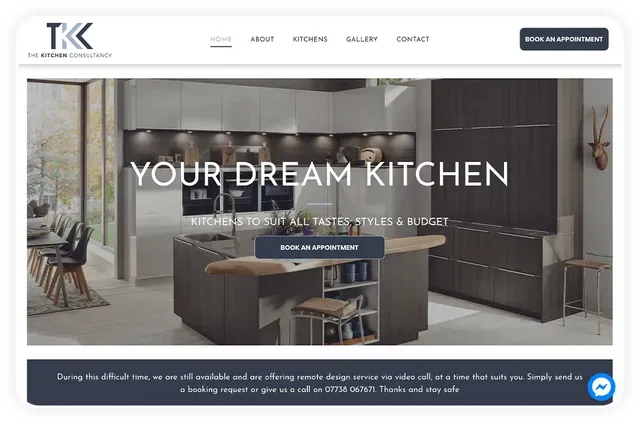 Modern kitchen interior design with cabinetry; Call to book appointment.