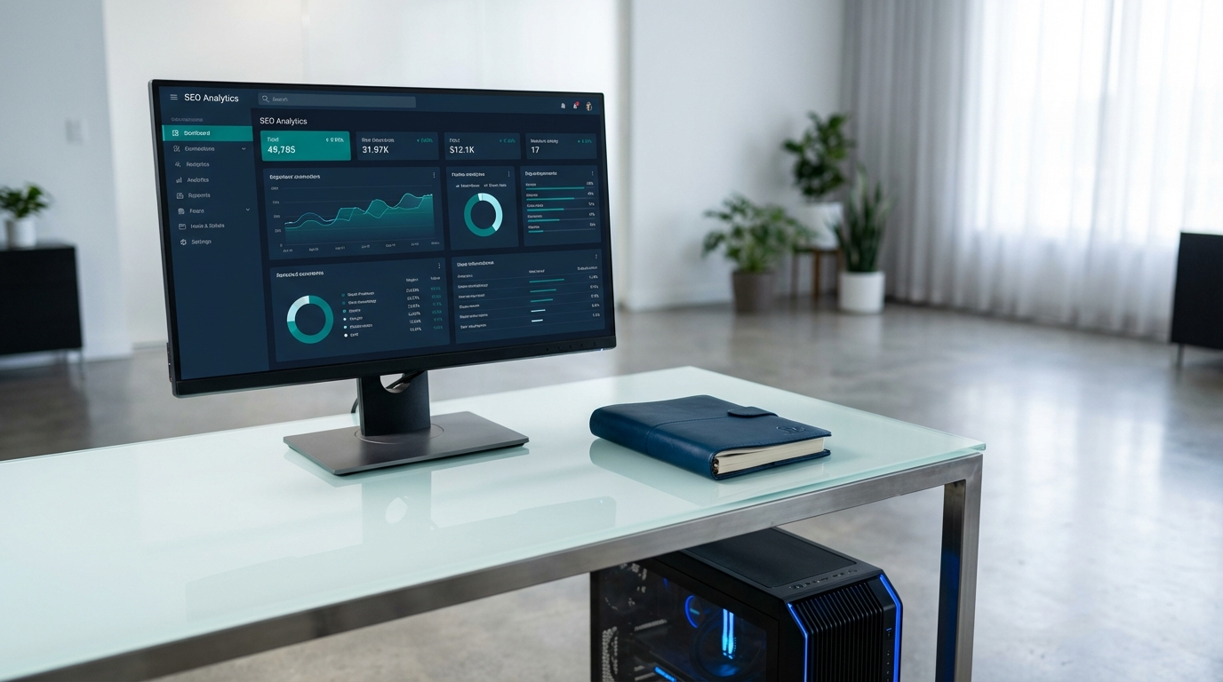 Desk with computer monitor displaying data analytics, notebook, and desktop computer in a modern room.