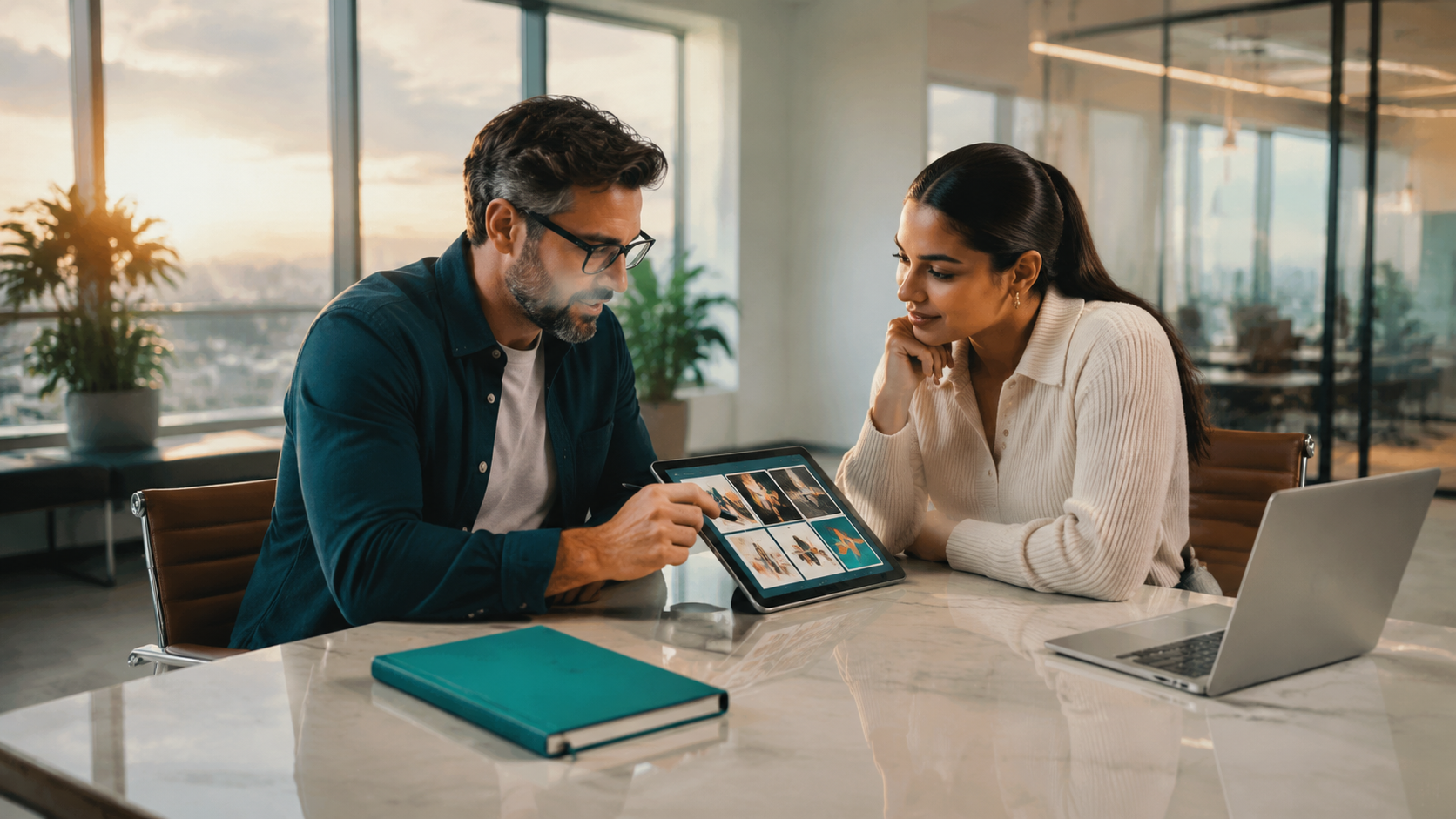Two coworkers review a tablet at a bright office table with a laptop, notebook, and coffee at sunrise.