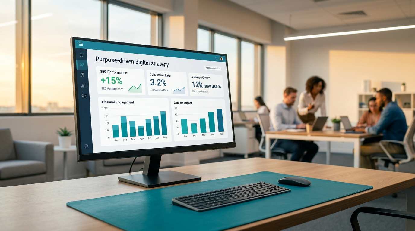 Desktop monitor showing a business dashboard in a modern office, with coworkers meeting in the background