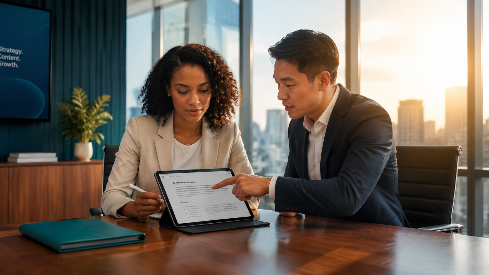 Two professionals reviewing a tablet at a conference table in a sunlit office