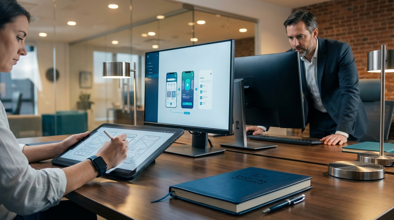Woman drawing on a tablet, man looking at a large monitor displaying a mobile app design, at an office desk.