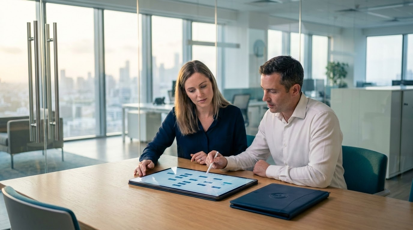 Two people reviewing a diagram on a tablet in an office with a city view.