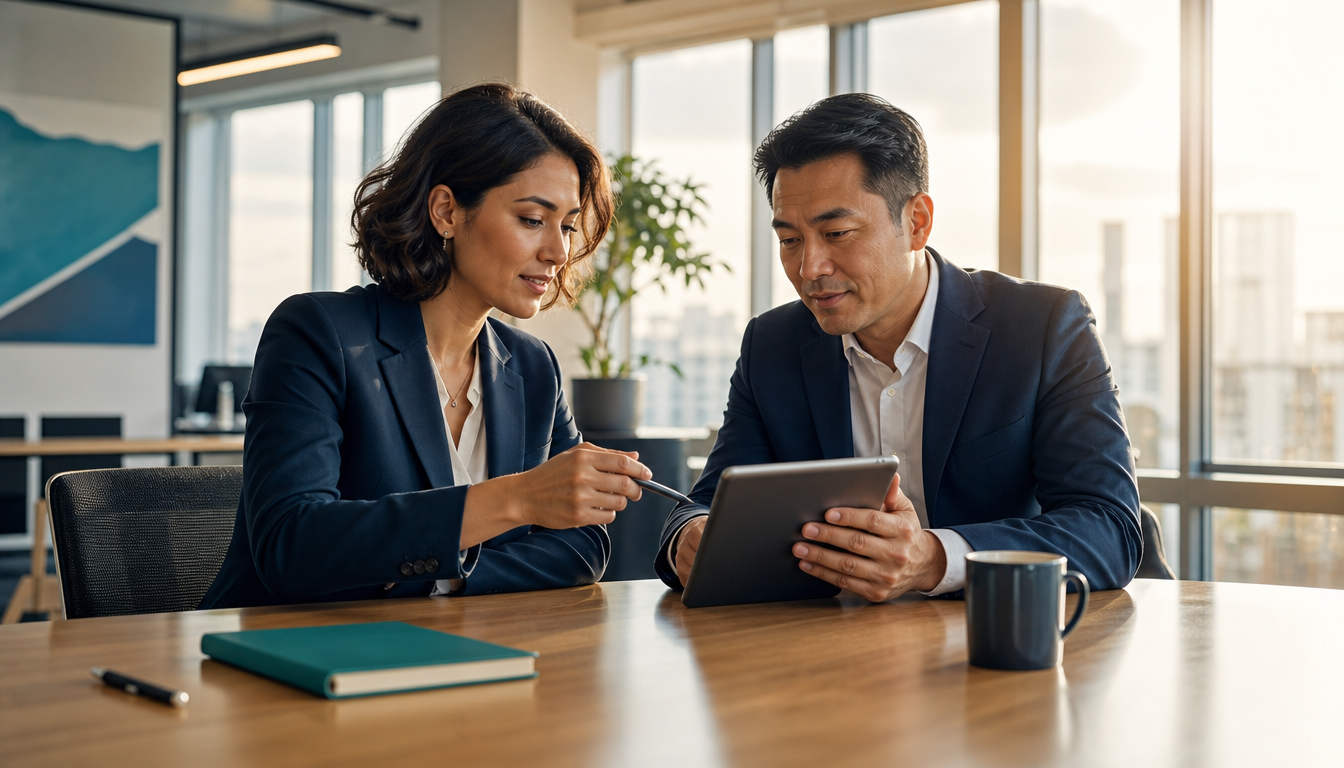 Two coworkers reviewing a tablet at a conference table in a bright office.
