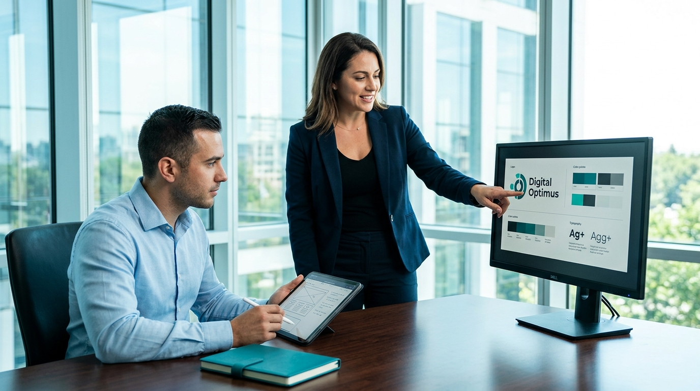 Two professionals in business attire collaborate in a bright office as one points to data on a computer monitor.
