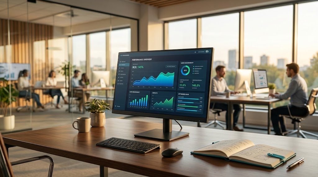 Modern office desk with dual monitors, laptop, notebooks, and coworkers in a bright glass-walled workspace