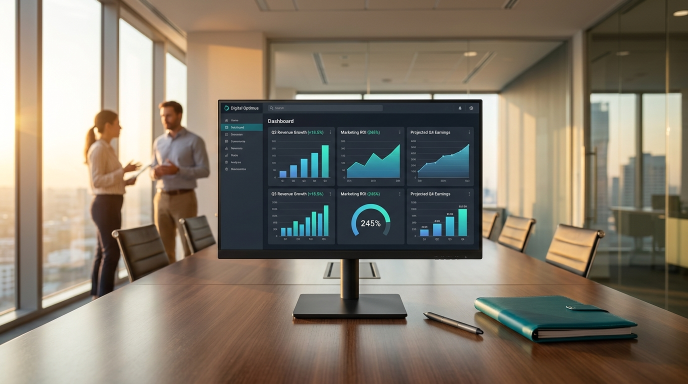 A monitor showing data charts sits on a wooden conference table in a sunlit office where two professionals converse.