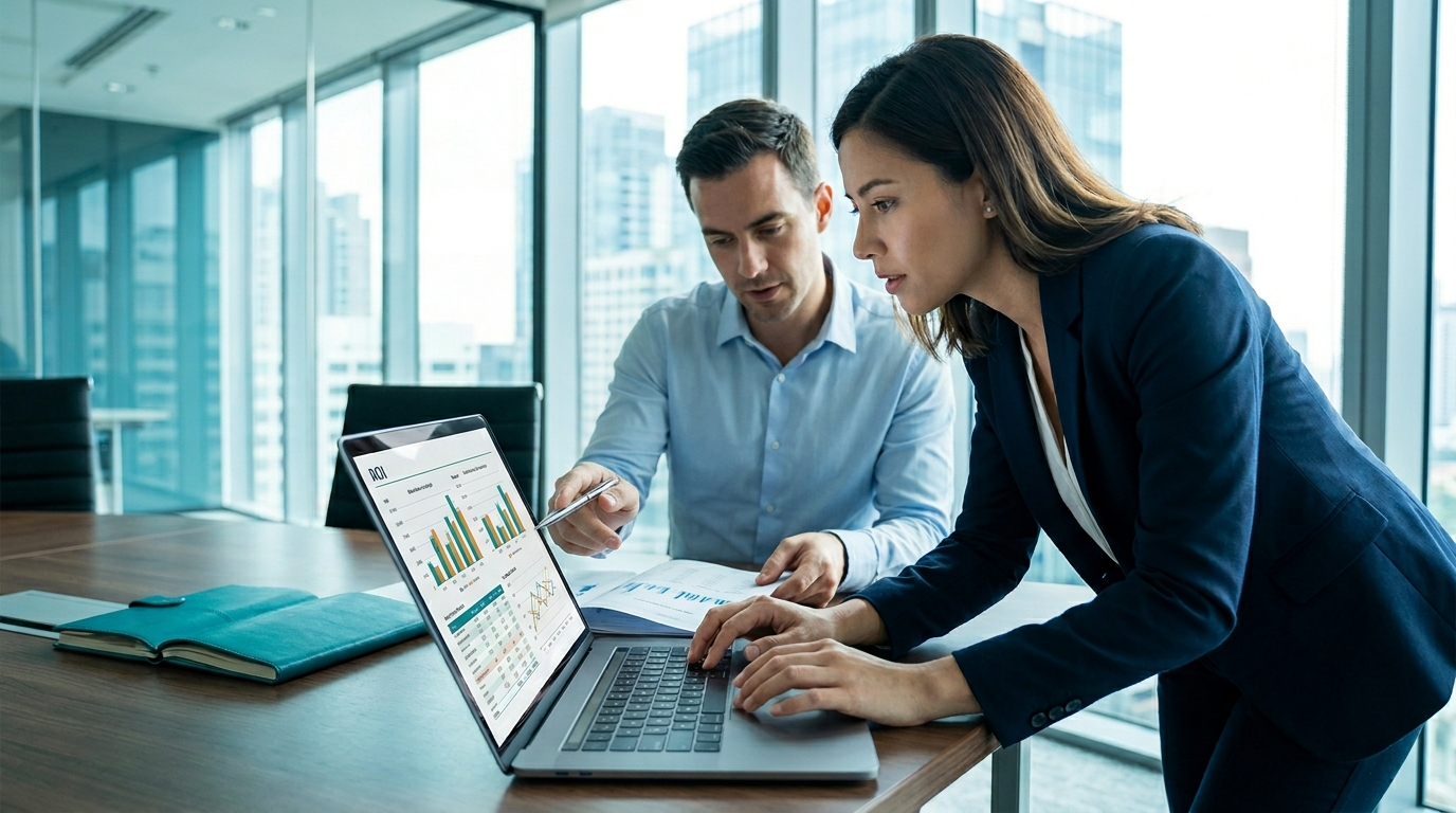 Man and woman in office looking at laptop with charts and graphs.