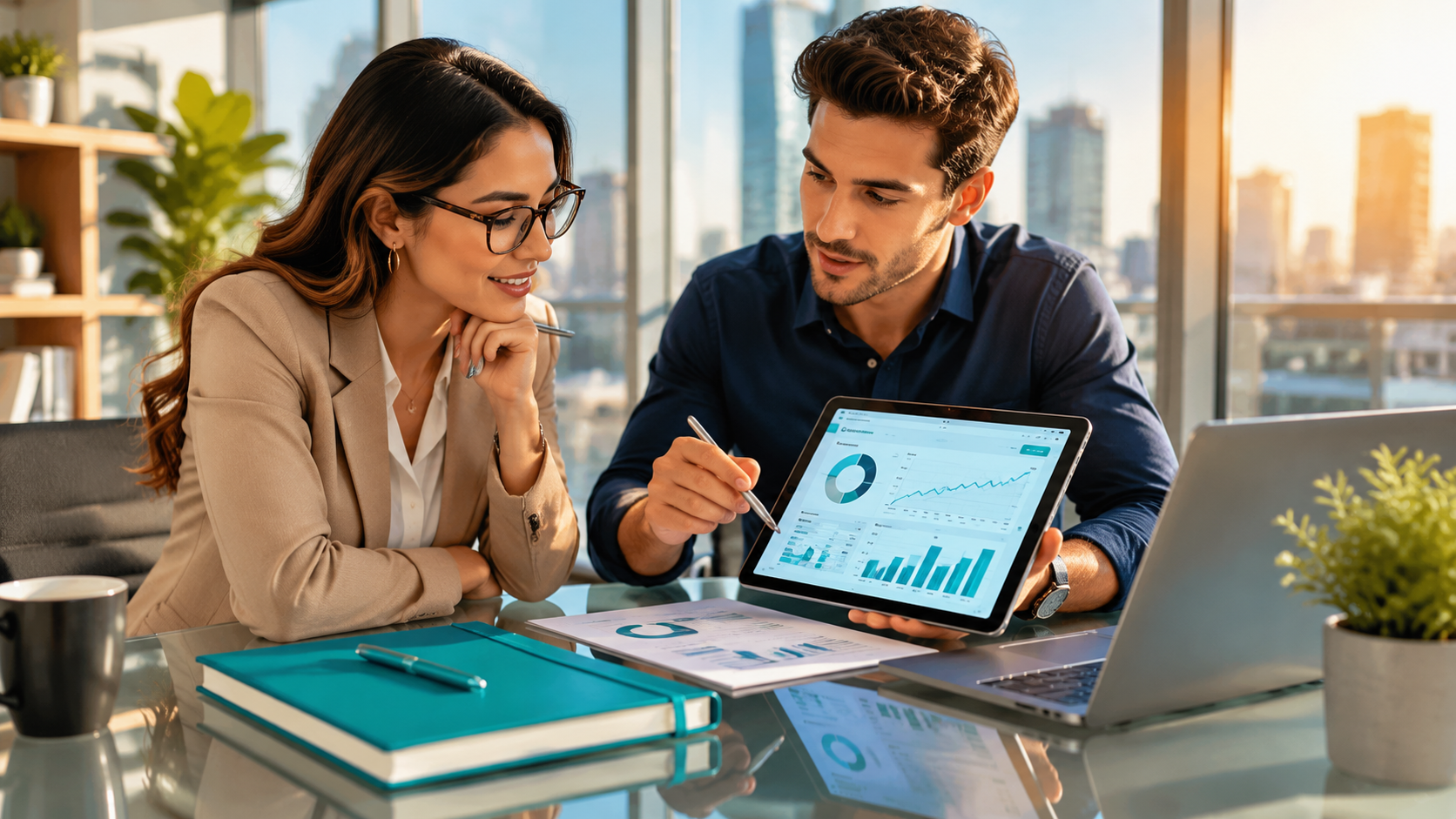 Two professionals reviewing financial charts on a tablet at a desk in a bright office.