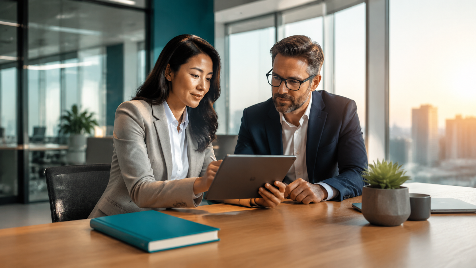 Two coworkers reviewing a tablet at a conference table in a bright office