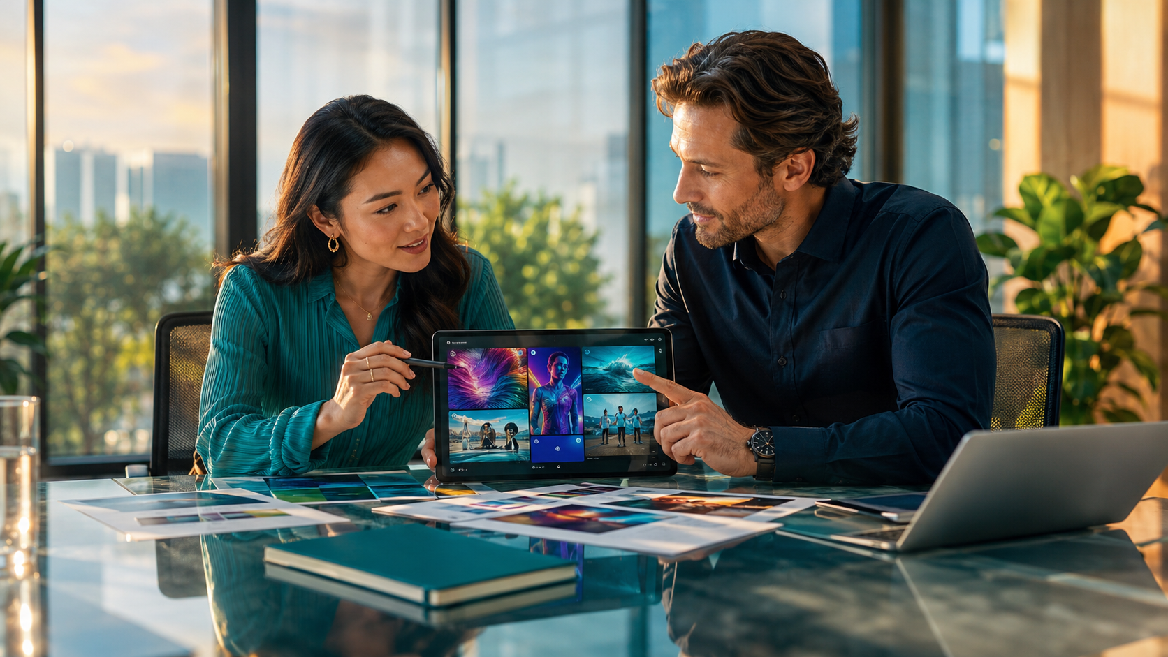 Two coworkers discuss colorful digital designs at a glass table in a bright office.