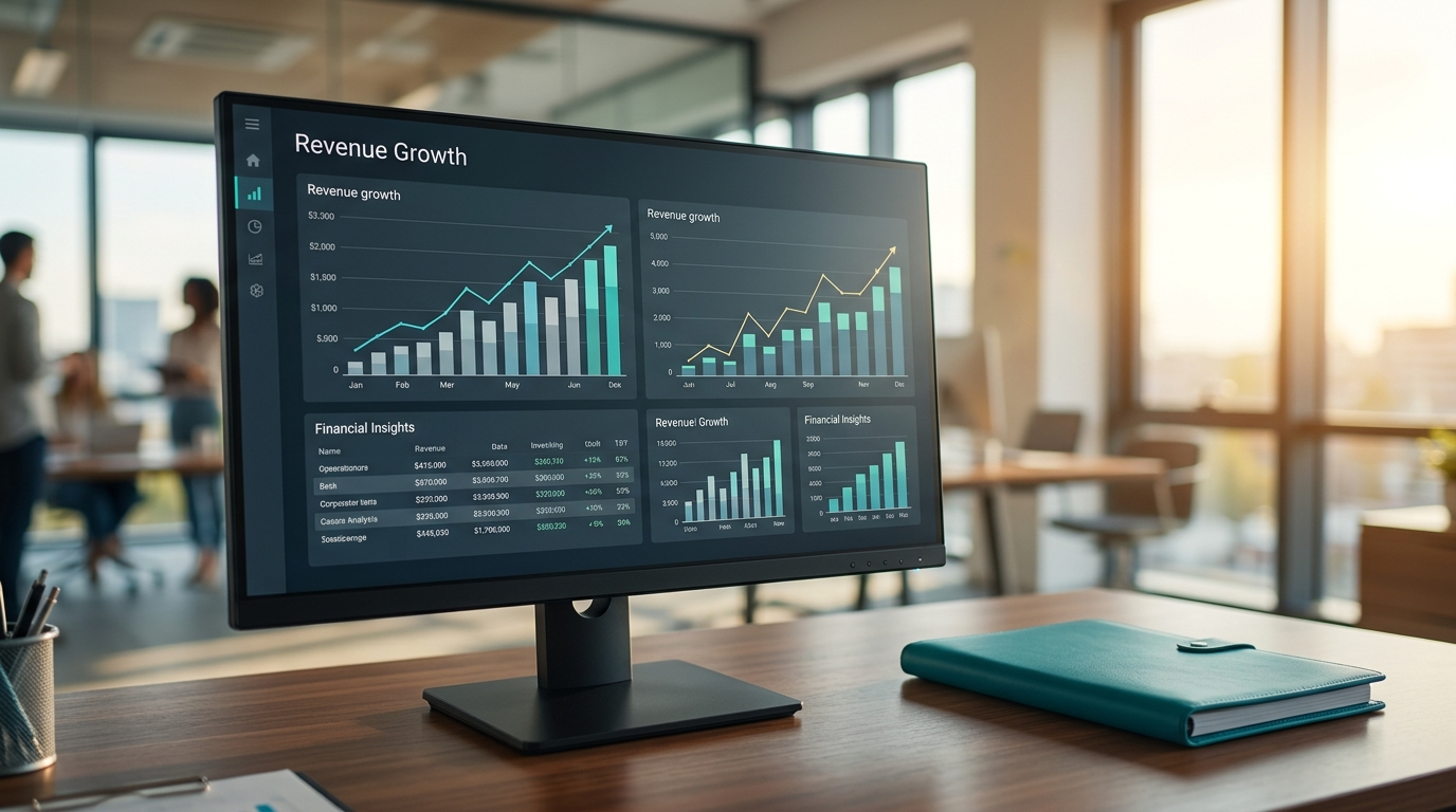 Desktop monitor showing business analytics dashboards on a desk in a bright office