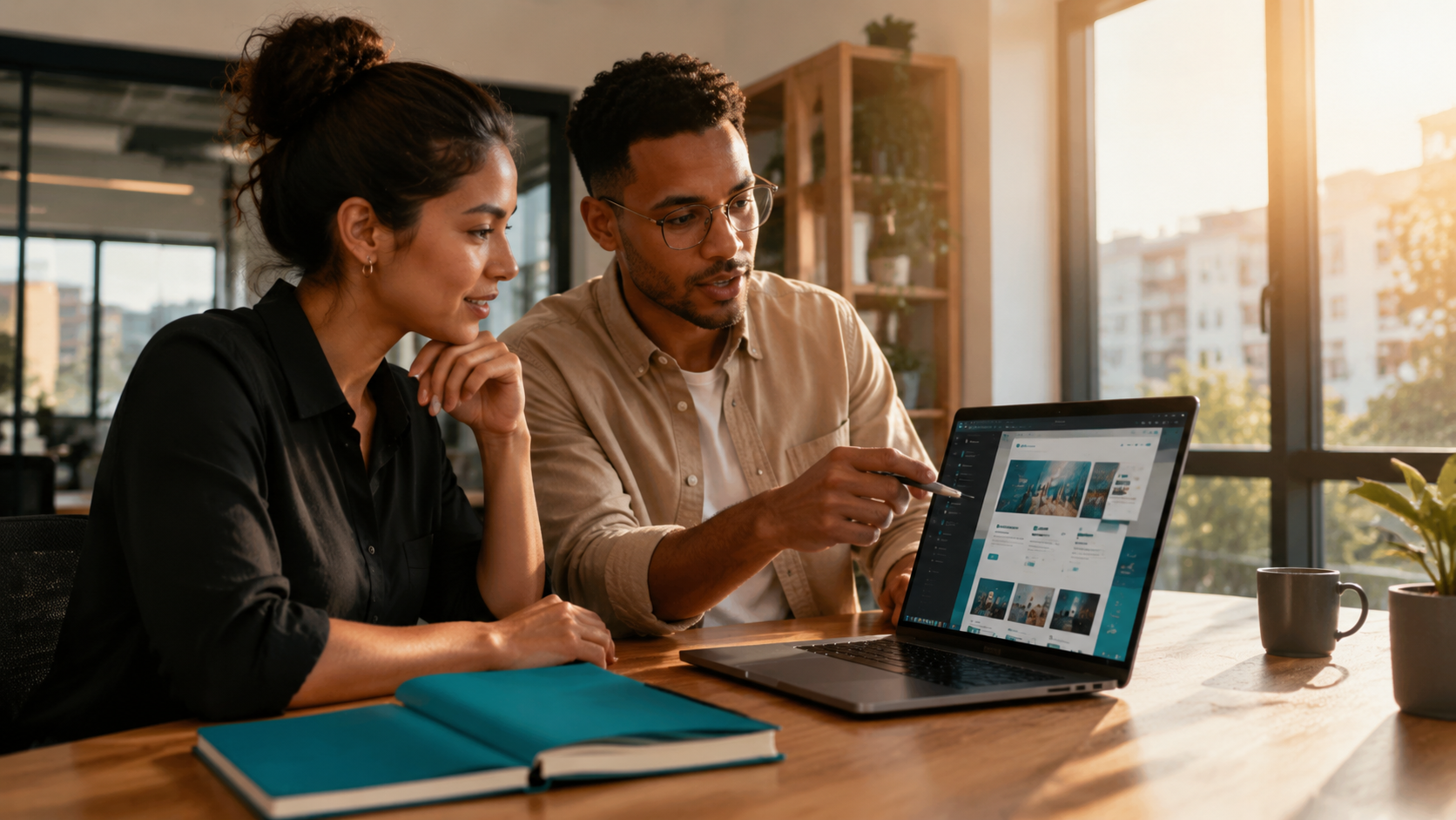 Two coworkers review a laptop at a desk in a bright office, with notebooks and coffee nearby.