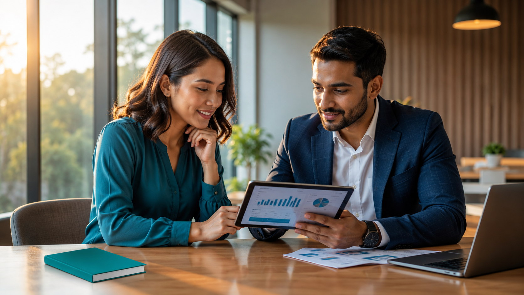 Two professionals review a tablet in a bright office, with a laptop and notebook on the table.