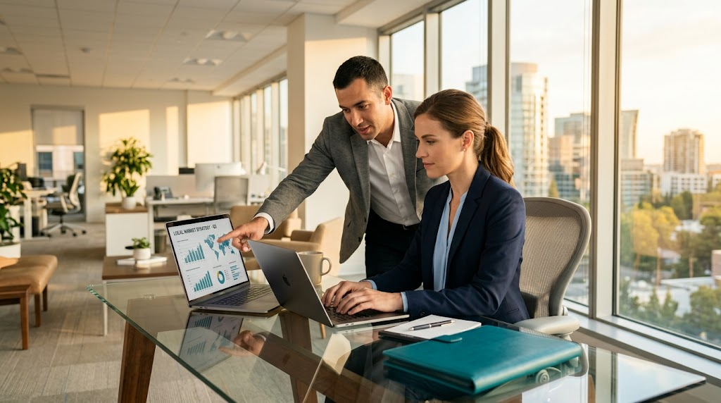 Two coworkers review data on a laptop in a bright office with city views.