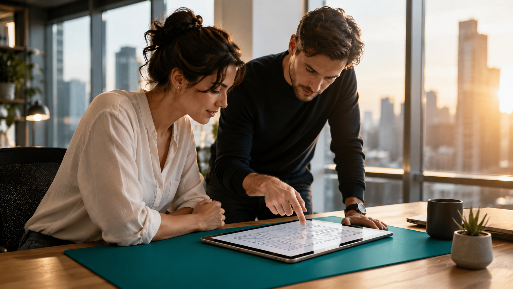 Two coworkers review documents at a table in a bright office with a city view.