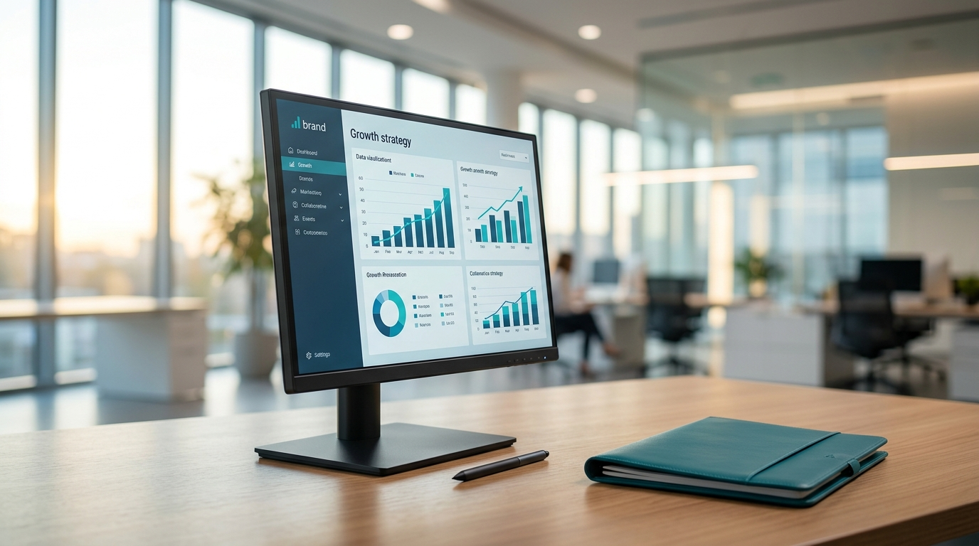 Computer monitor displaying business analytics charts on a wooden desk with a notebook and pen in a modern office.
