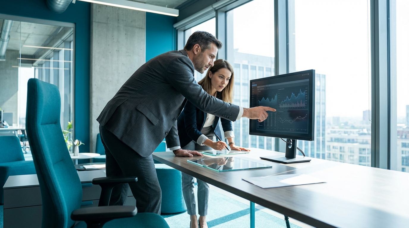Man points at computer screen with woman, standing near a window in an office.