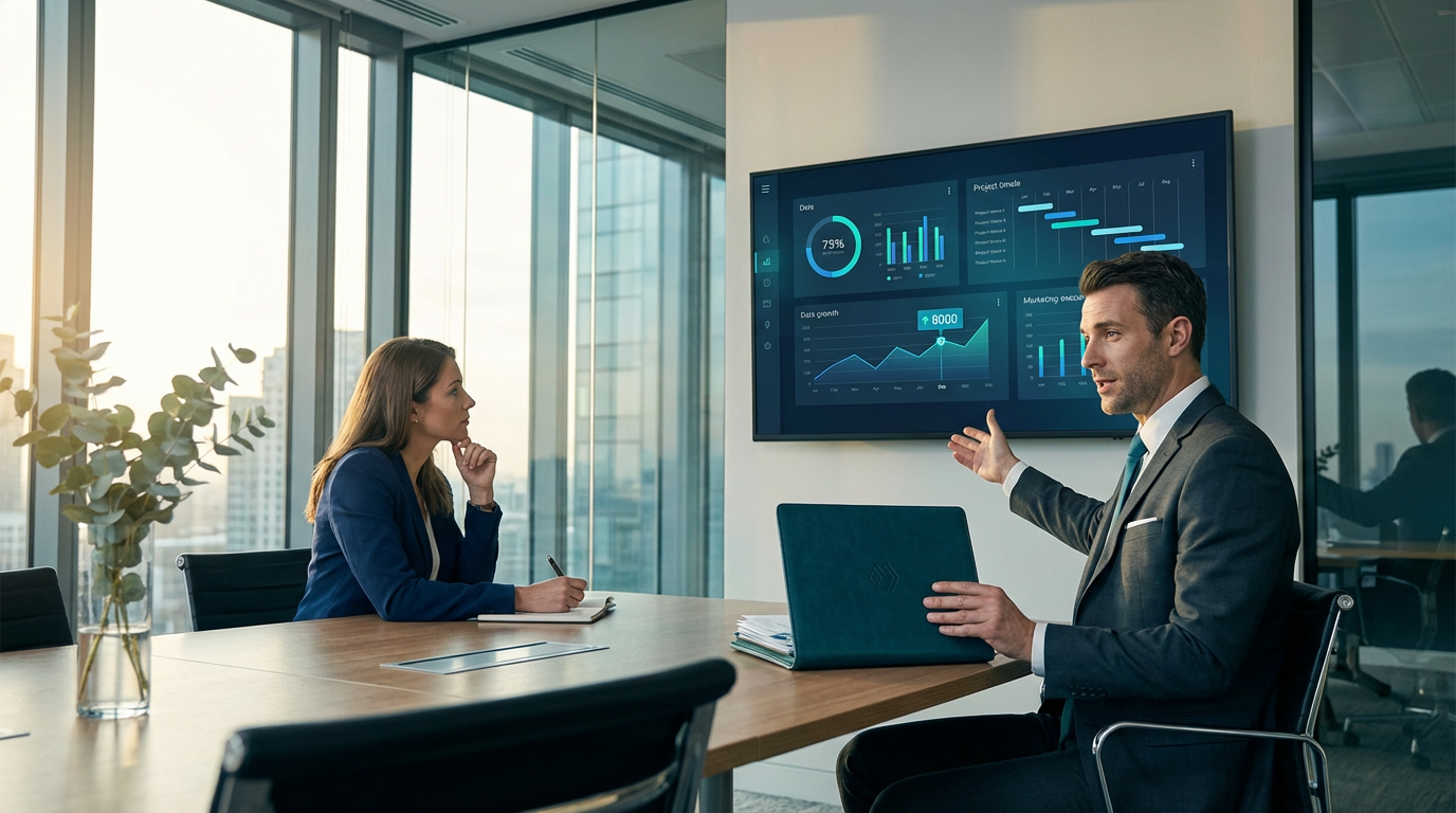 Two colleagues in business attire confer in a sunlit office, reviewing data visualizations on a wall-mounted monitor.
