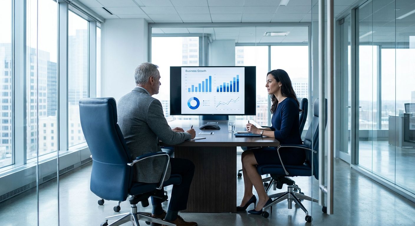 2 people sitting at a desk in an office and in discussion about SEO stats