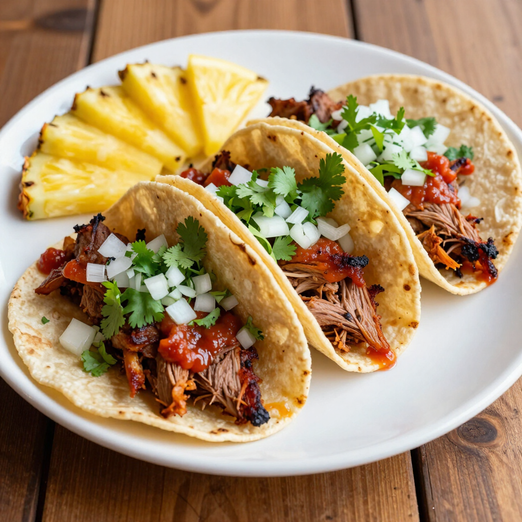 Tres tacos con carne deshebrada, cebolla y salsa en un plato blanco con rodajas de piña.