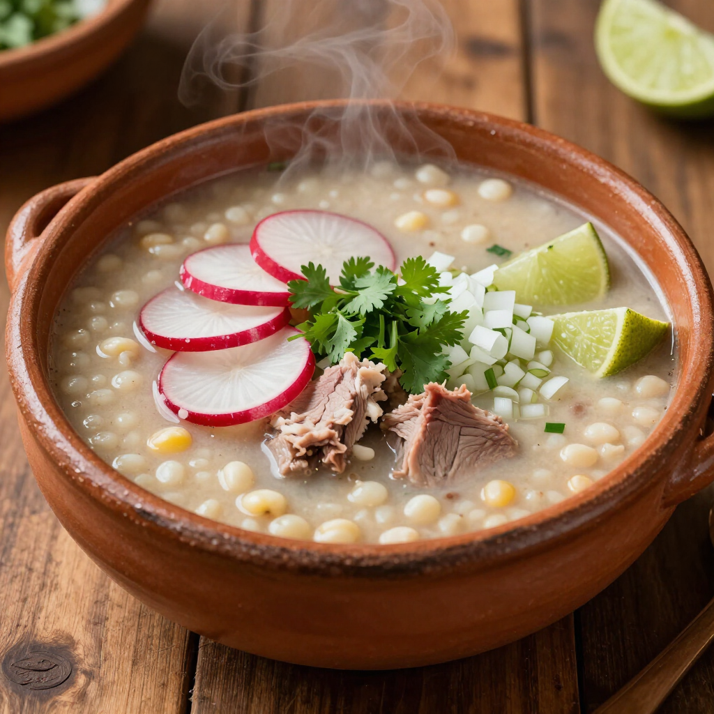 Un tazón de pozole cubierto con rábanos, cilantro, cebolla, rodajas de lima y carne sobre una mesa de madera.