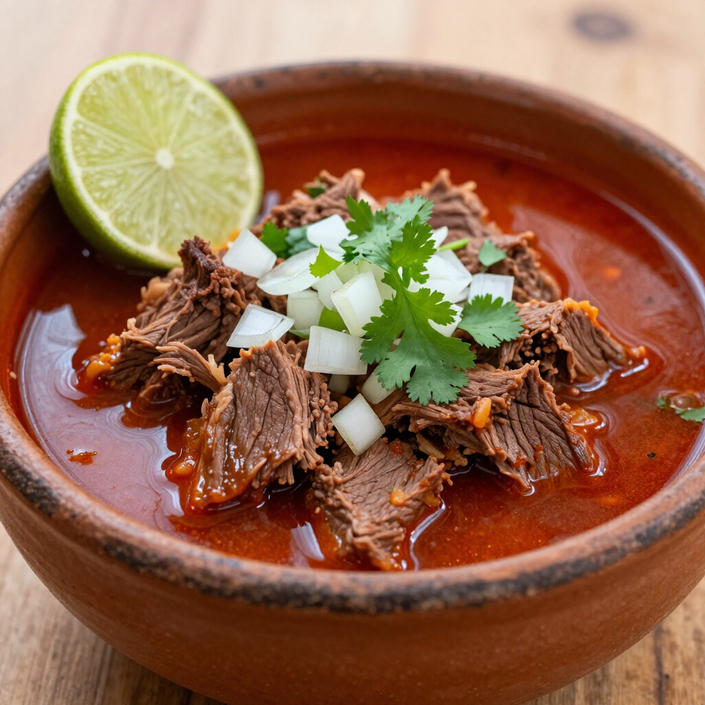 Sopa humeante de birria roja en un tazón de barro, cubierta con cilantro y cebolla, y acompañada de una rodaja de lima.