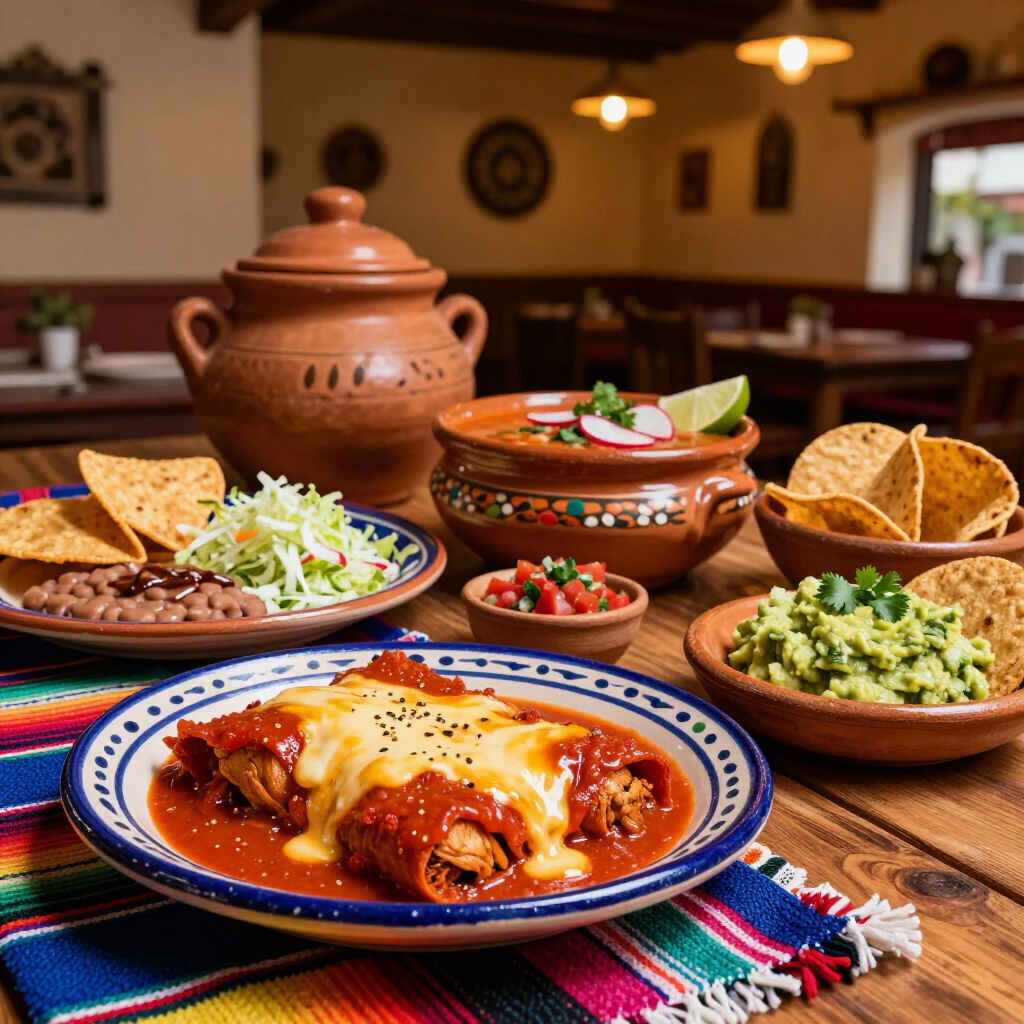 Comida mexicana servida sobre un colorido mantel con enchiladas, guacamole, salsas y totopos.