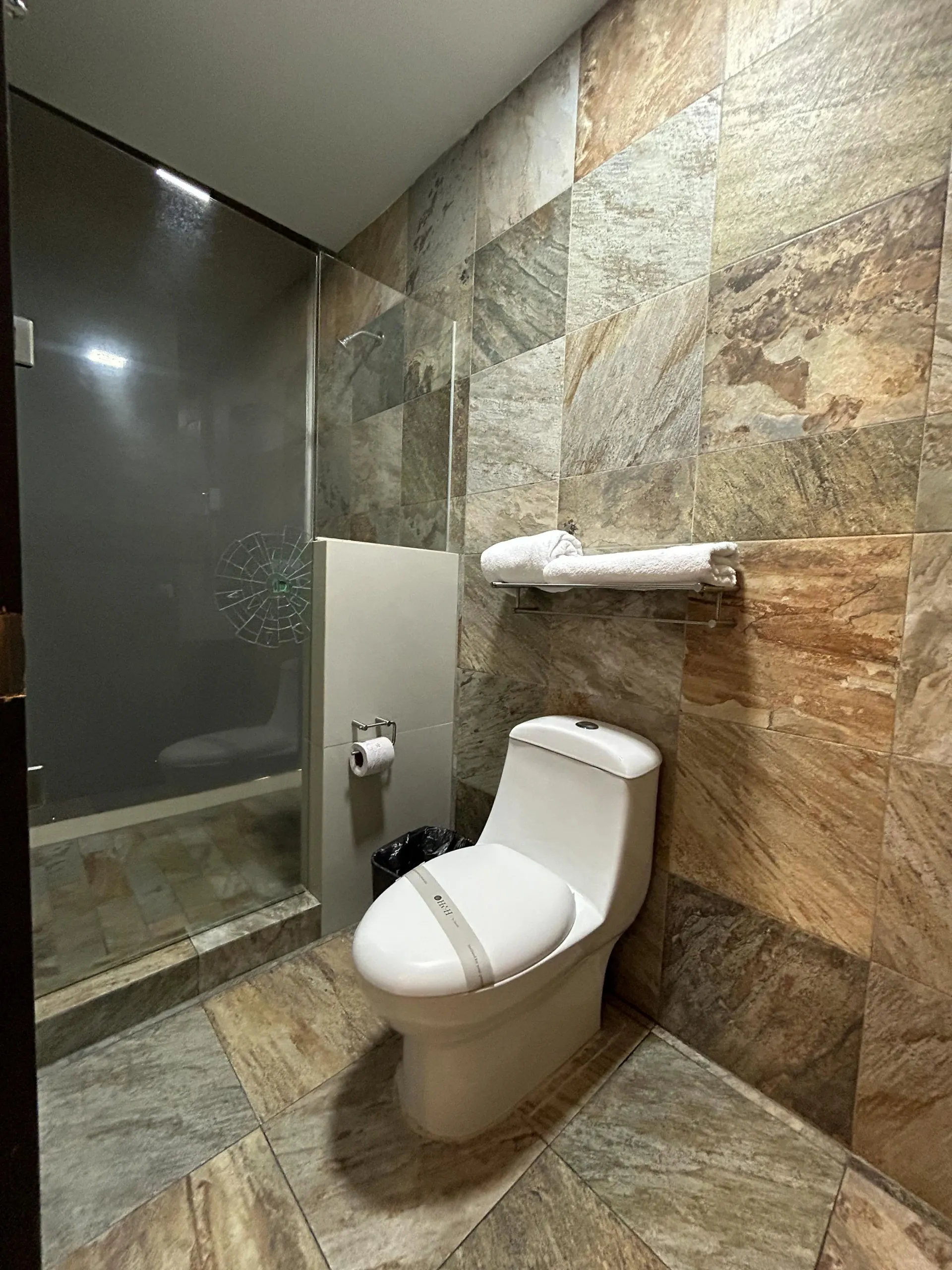 Baño moderno con paredes revestidas de piedra, ducha de cristal y un inodoro suspendido con un toallero encima.