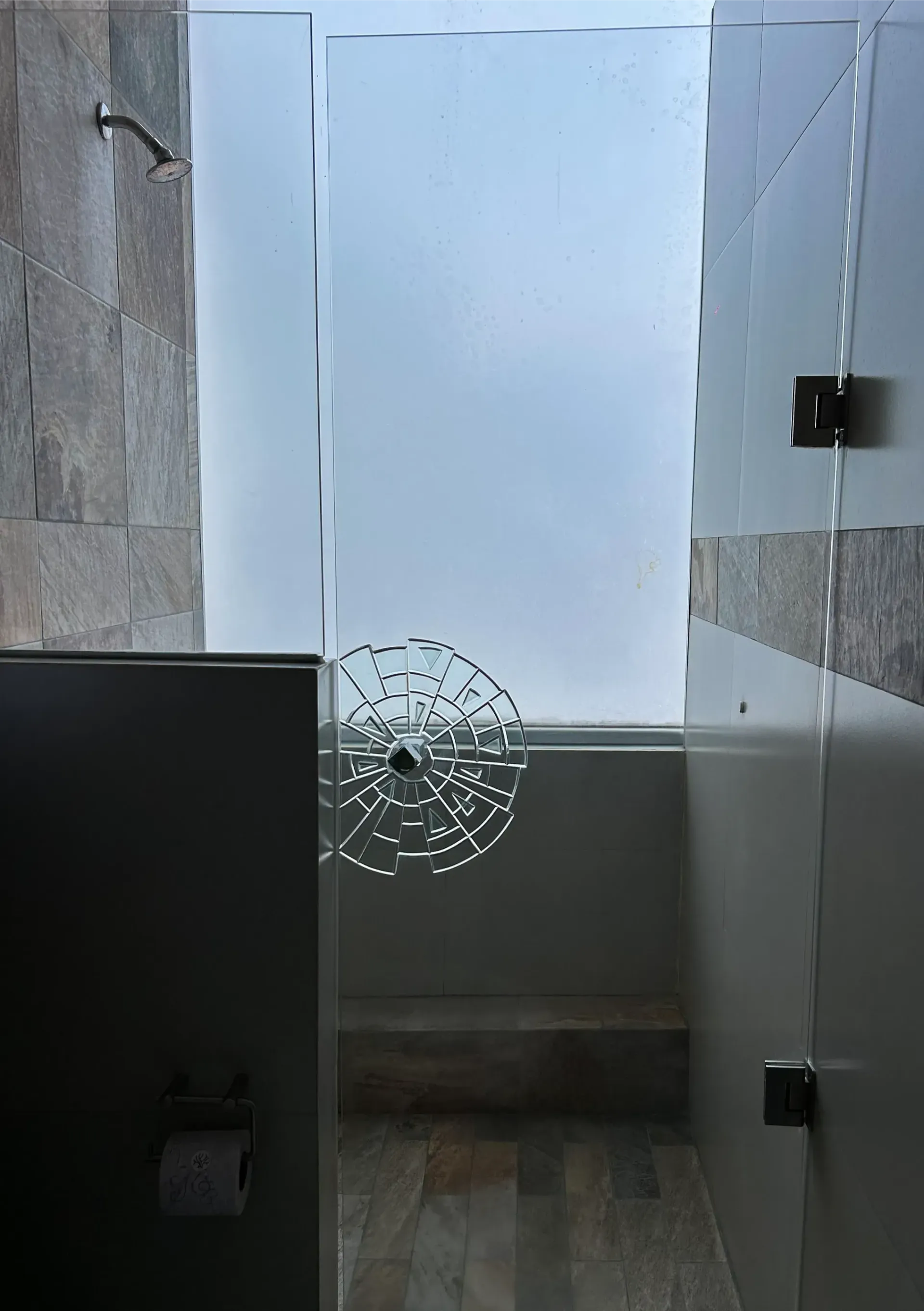 Mampara de ducha de cristal esmerilado con paredes de azulejos oscuros y desagüe visible en el suelo.