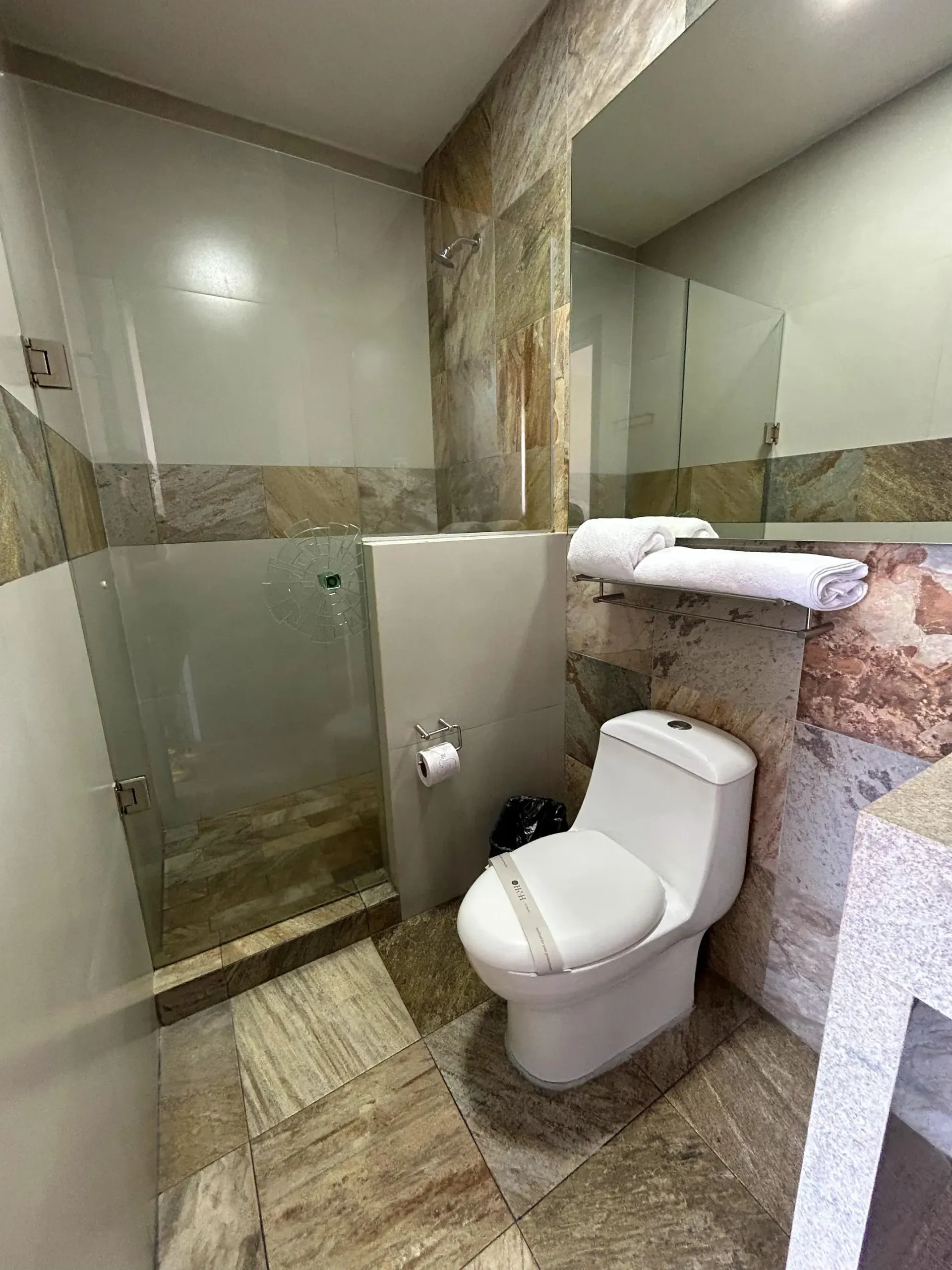 Baño moderno con ducha de cristal, inodoro blanco, acabados de mármol y toallas dobladas sobre una encimera.