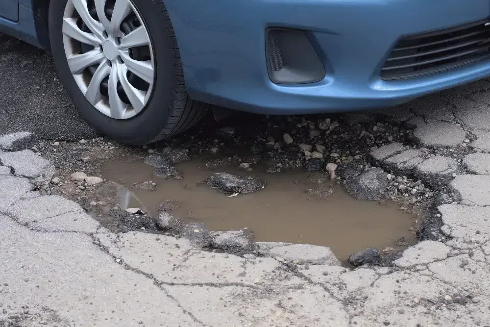 Blue car tire beside a large pothole filled with muddy water on cracked pavement | Cain And Sons' Automotive
