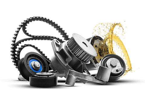 Various car parts and accessories arranged on a white background, including tires, belts, and filters | Cain And Sons' Automotive