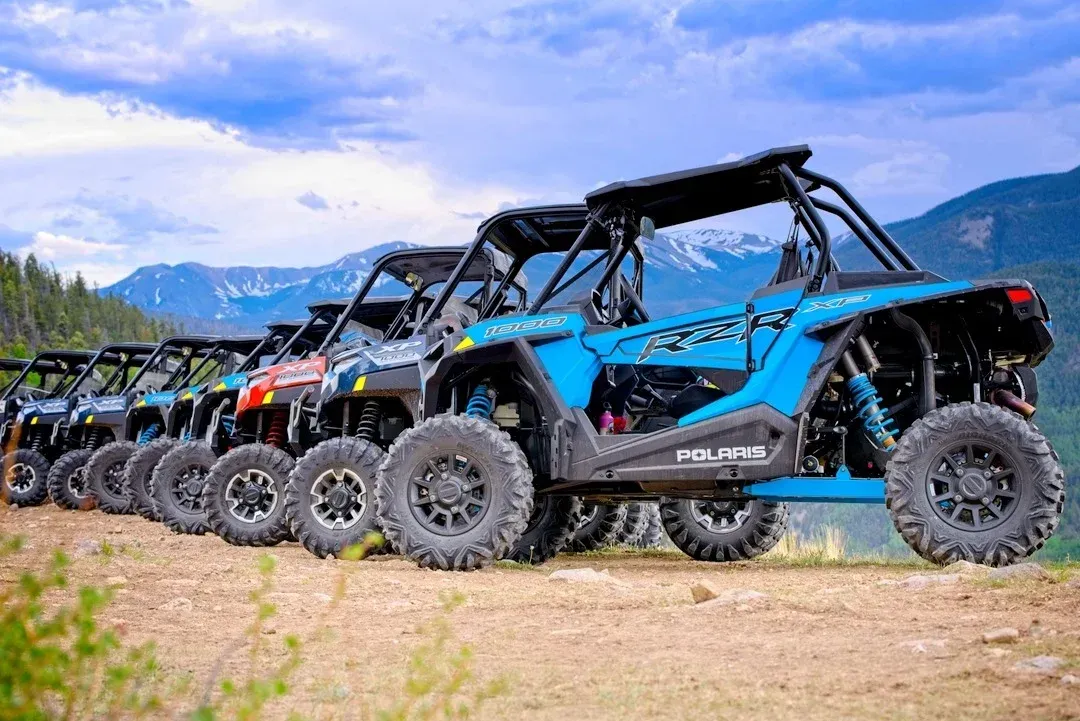 A row of atvs are parked in a field with mountains in the background.