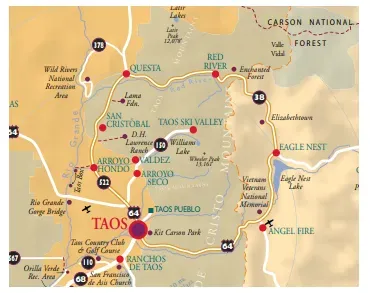 A map showing the location of taos ski valley