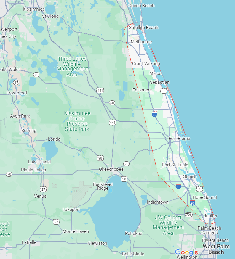 A map of florida with a lake in the middle of it.