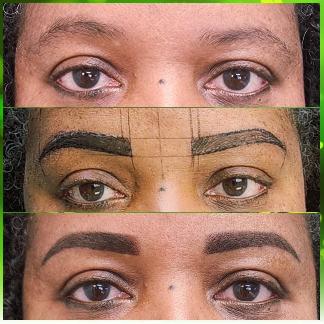 Eyebrow transformation: Before, outline with markings, and after microblading; 