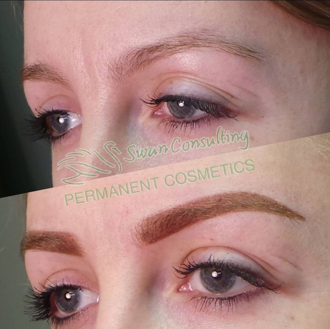 Before and after photos of a woman's eyebrows. 