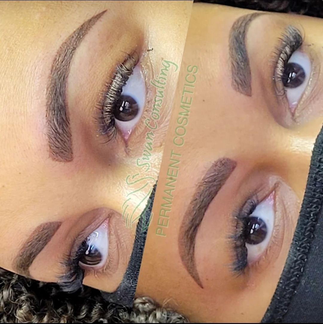 Two photos side-by-side showing a person's eyes with permanent eyebrow makeup. 