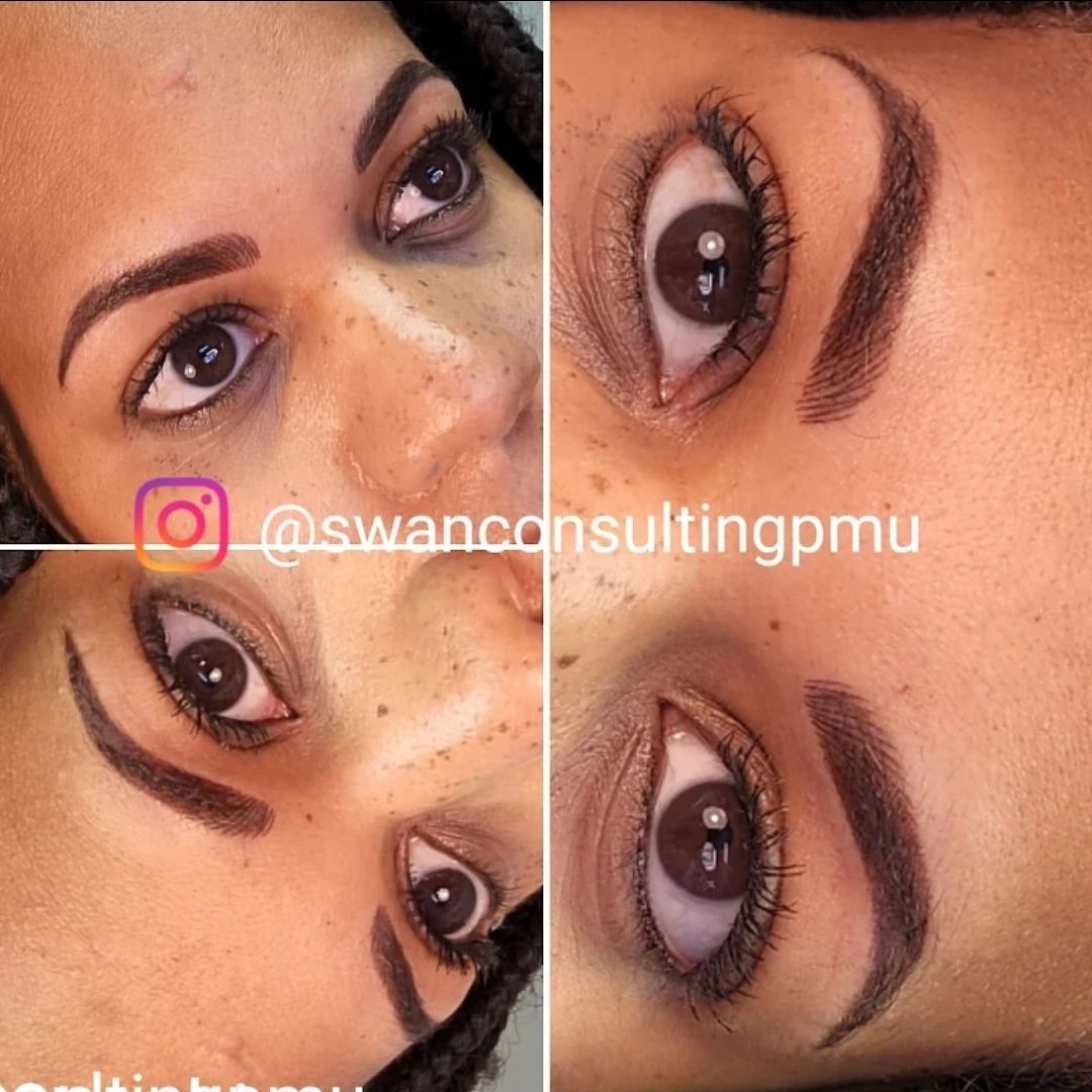 Four views of a person's eyes and eyebrows, highlighting before-and-after permanent makeup. 