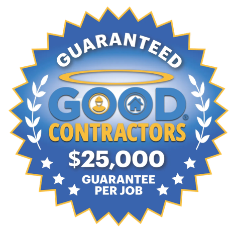 Blue-and-gold “Guaranteed Good Contractors” badge with $25,000 guarantee per job