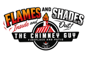 Logo for The Chimney Guy: red-and-black flames and shades, fireplace and patio service brand
