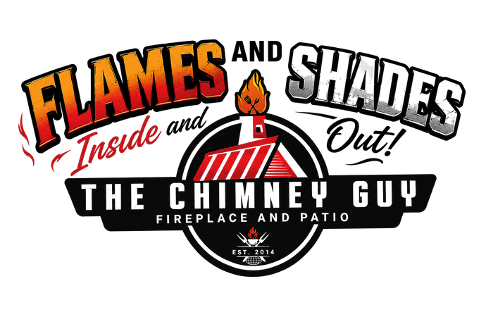 Logo for The Chimney Guy: red-and-black flames and shades, fireplace and patio service brand