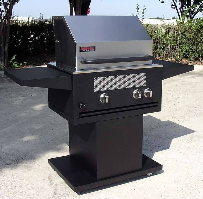Black outdoor gas grill with silver lid and control knobs on a patio.