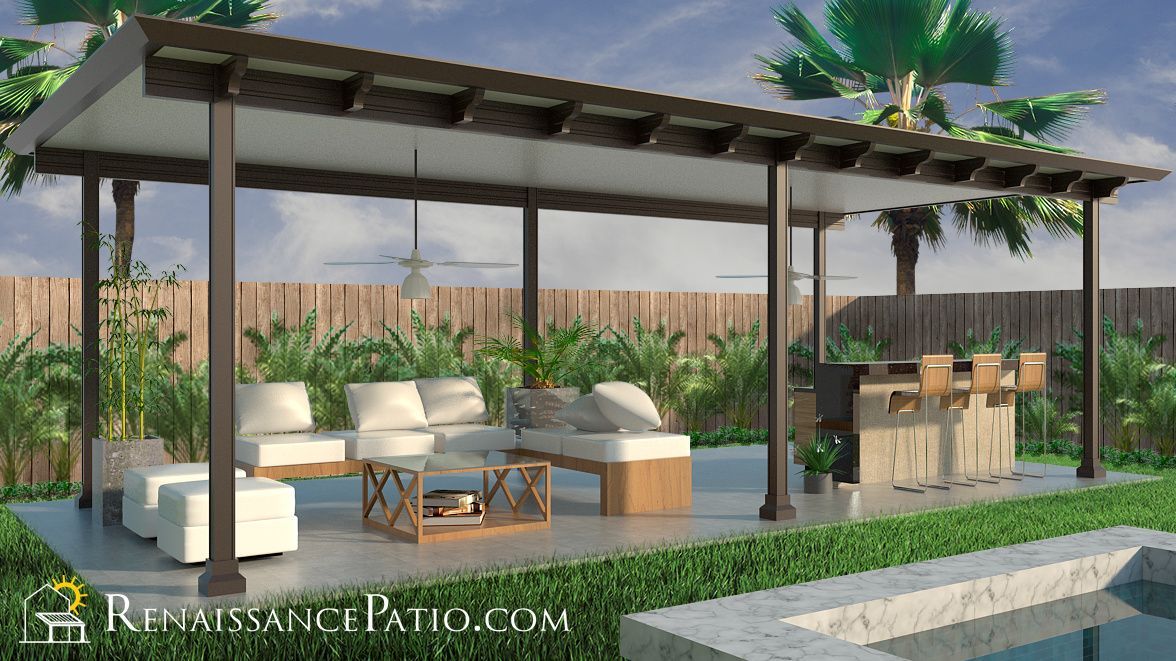 Modern patio with wooden pergola, lounge chairs, table, and tropical plants beside a pool