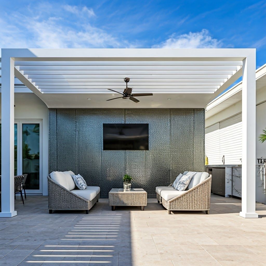 Modern patio with pergola, wicker seating, TV, and stone accent wall under a blue sky
